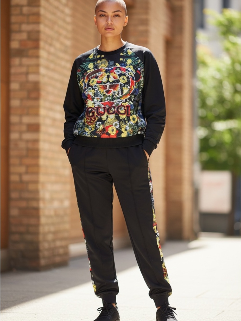 Y2K Gucci Black Joggers track set with Floral Side Panels
